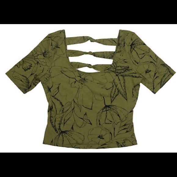 Guess Cayla Cropped Top Army Green Florals Small - Picture 7 of 7